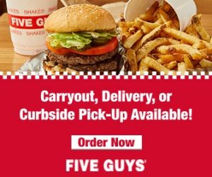 Image showing a Burger and Fries from Five Guys and offering Take Out, Delivery or Curbside Pick Up